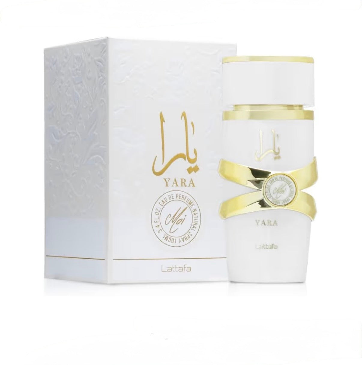 Yara perfume bottle with packaging on a white background