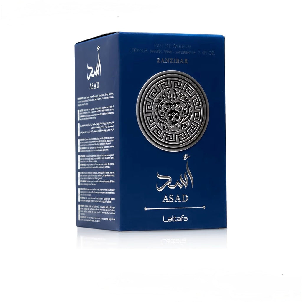 Blue box of Asad perfume by Lattafa on a white background