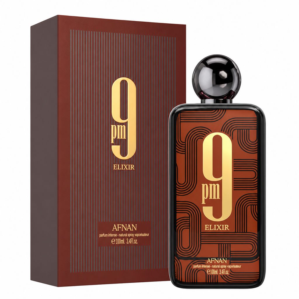Afnan 9 PM Elixir unisex, frasco y caja de 100 ml