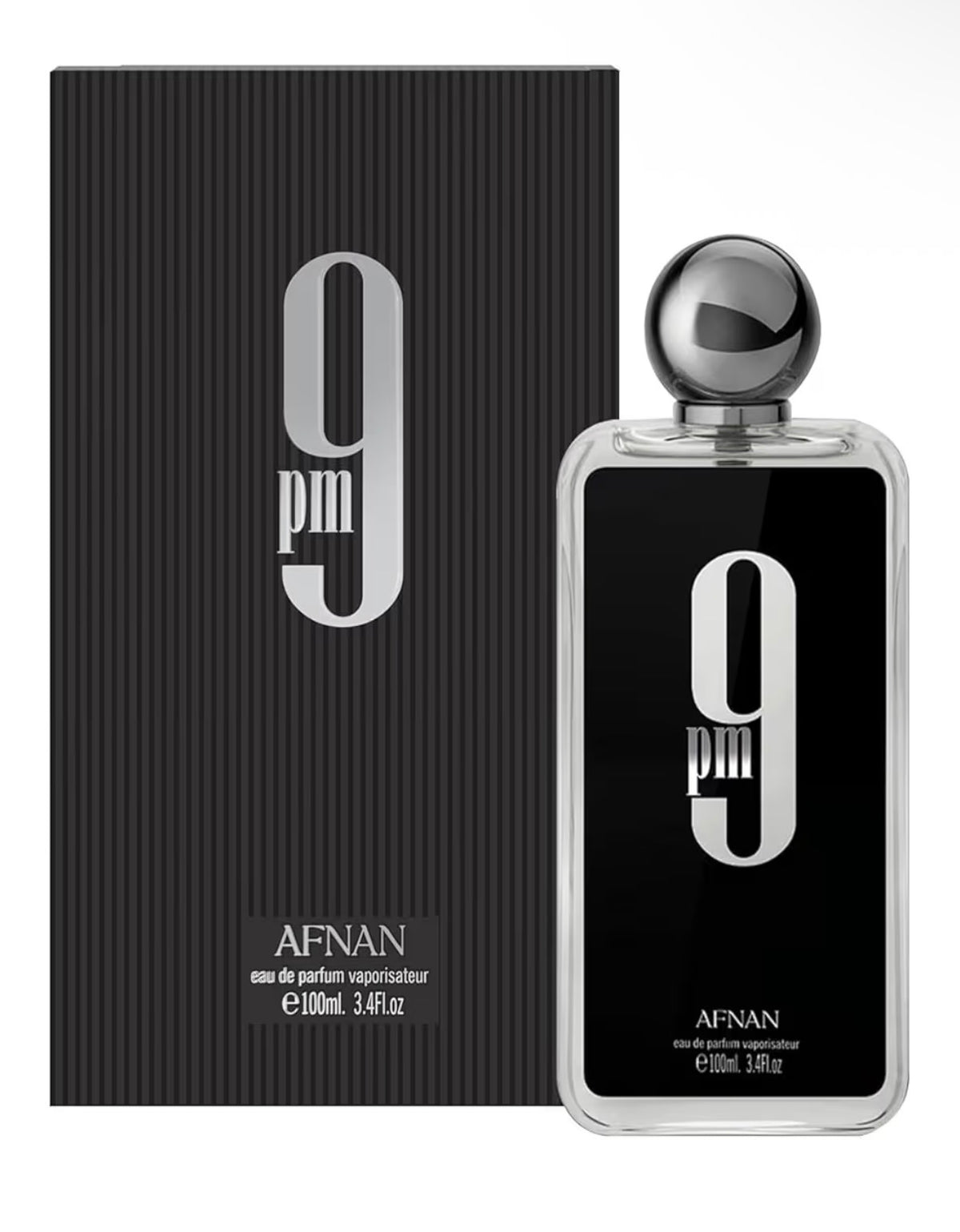Afnan 9 PM para hombre, frasco y caja de 100 ml