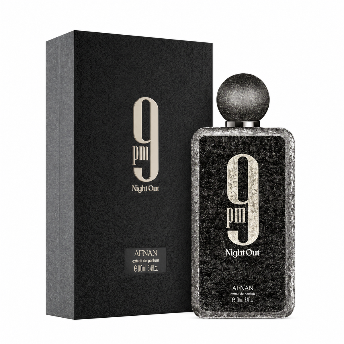 Afnan 9 PM Night Out unisex, frasco y caja de 100 ml