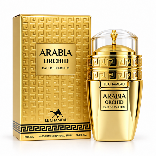 Arabia Orchid de Le Chameau — frasco con caja sobre fondo blanco